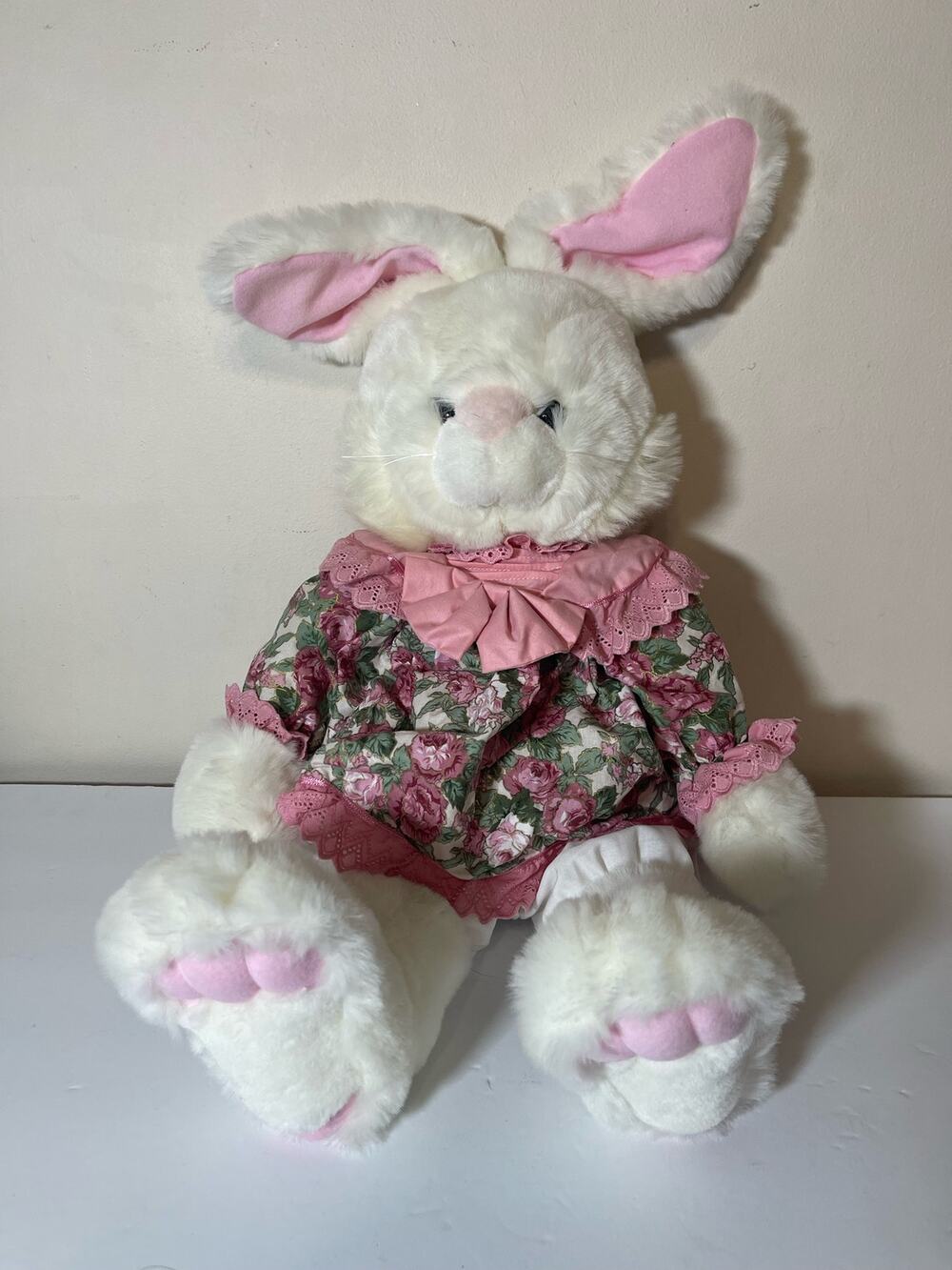 Vintage White Plush Easter Bunny Rabbit Pink Floral Dress Stuffed Animal Toy